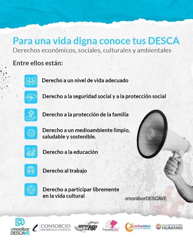 ¡Descubre tus Derechos Económicos, Sociales, Culturales y Ambientales (DESCA)! 🪧⁣
⁣
Son la clave para una vida digna y fundamentales para una sociedad justa y solidaria. Reconocer y proteger los DESCA es esencial para promover la igualdad, la inclusión y la calidad de vida de las comunidades en todo el mundo. 🌍⁣
⁣
¿Conocías la importancia de estos derechos en tu vida? ¡Comparte tu opinión! 💪 ⁣
⁣
⁣
#EmpoderaME #Venezuela #DDHH #MonitorDESCAVE #MonitorDESCA #DerechosHumanos #VidaDigna #DerechosEconómicos #DerechosSociales #DerechosCulturales #DerechosAmbientales